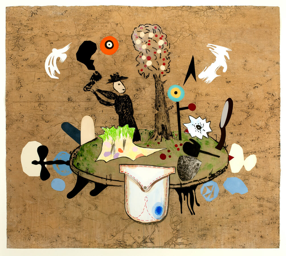 Man on Island. Artist: T.L. Solien. Date: 2005. Medium: mixed-media monoprint with collage.