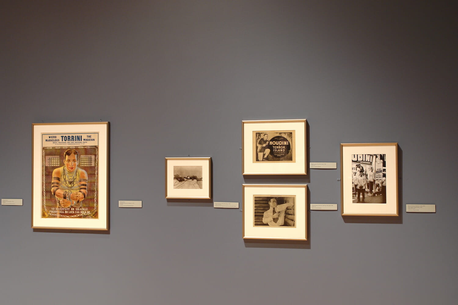 installation view of Houdini: Art and Magic featuring framed artworks