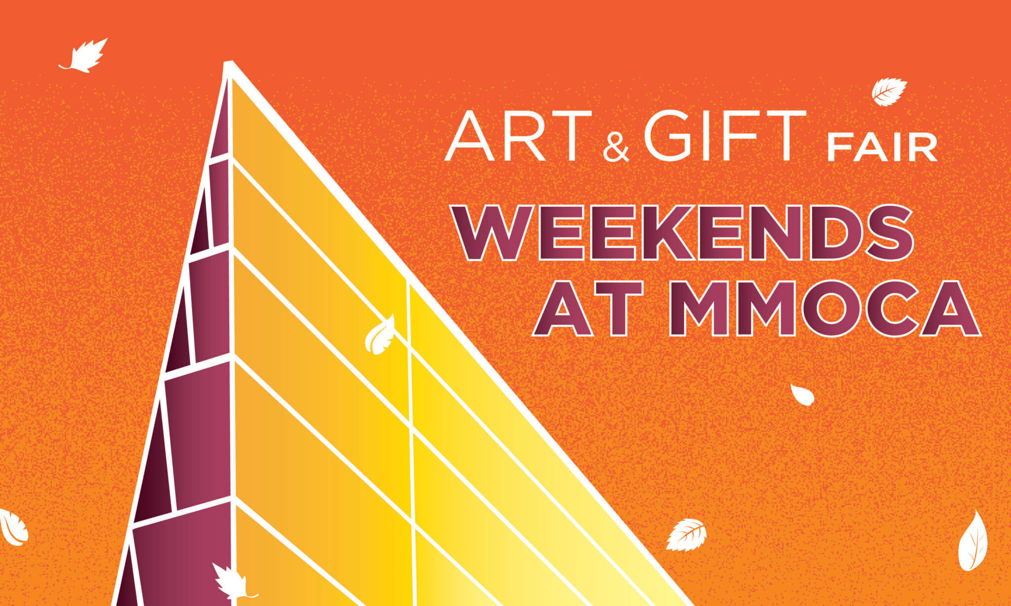 illustration of the point or top of the Museum's building with leaves floating around and the Art & Gift Fair Weekends at MMoCA logo