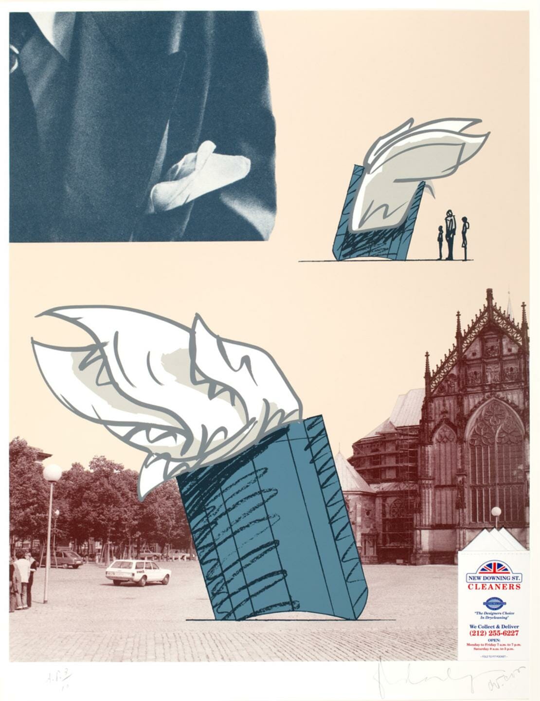 print by Claes Oldenburg with sketches of a handkerchief tucked inside a pocket, with an image of a handkerchief in a person's front pocket and the sketch overlayed on top of a picture of a street with a cathedral