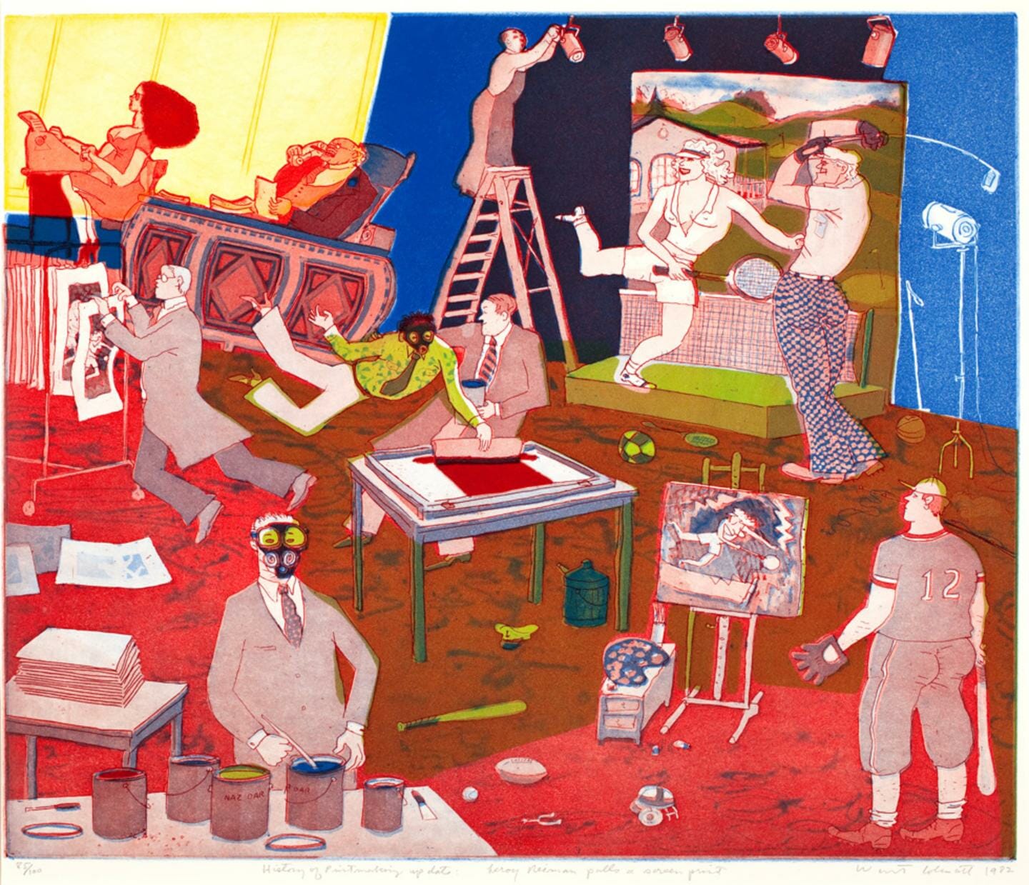 print illustration of various artists in a printmaking studio