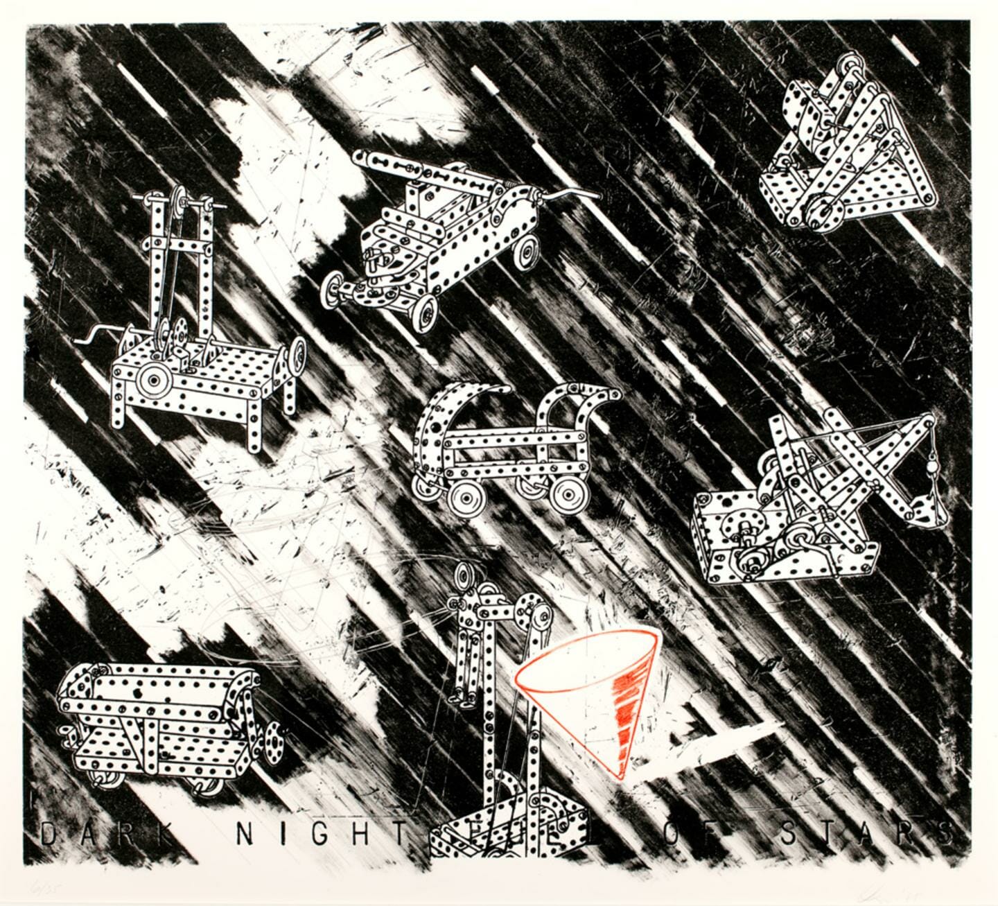 print illustration featuring various industrial objects or machinery against a diagonal pattern or night sky