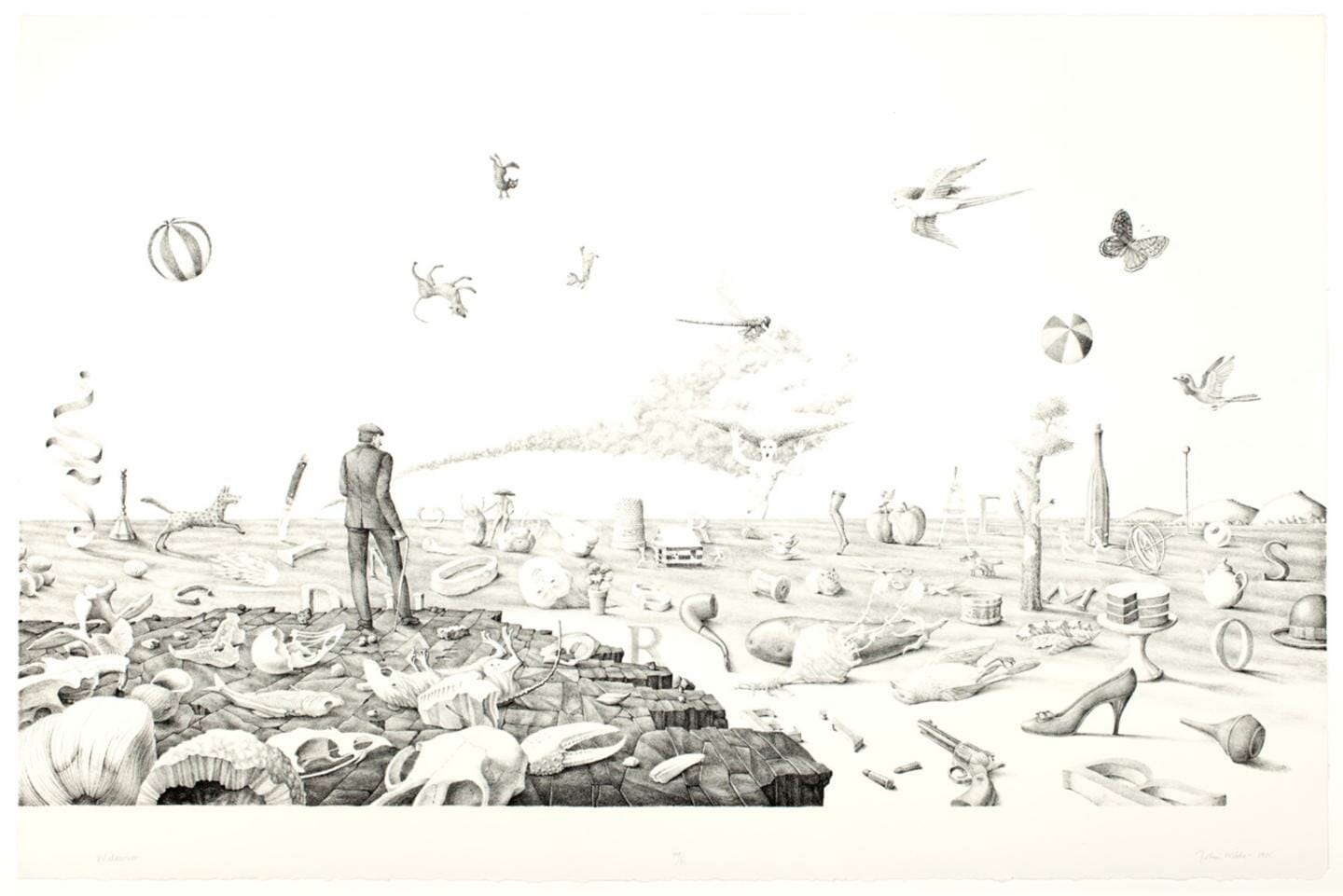 illustration print of the artist overlooking landscapes populated by recurring symbols of his