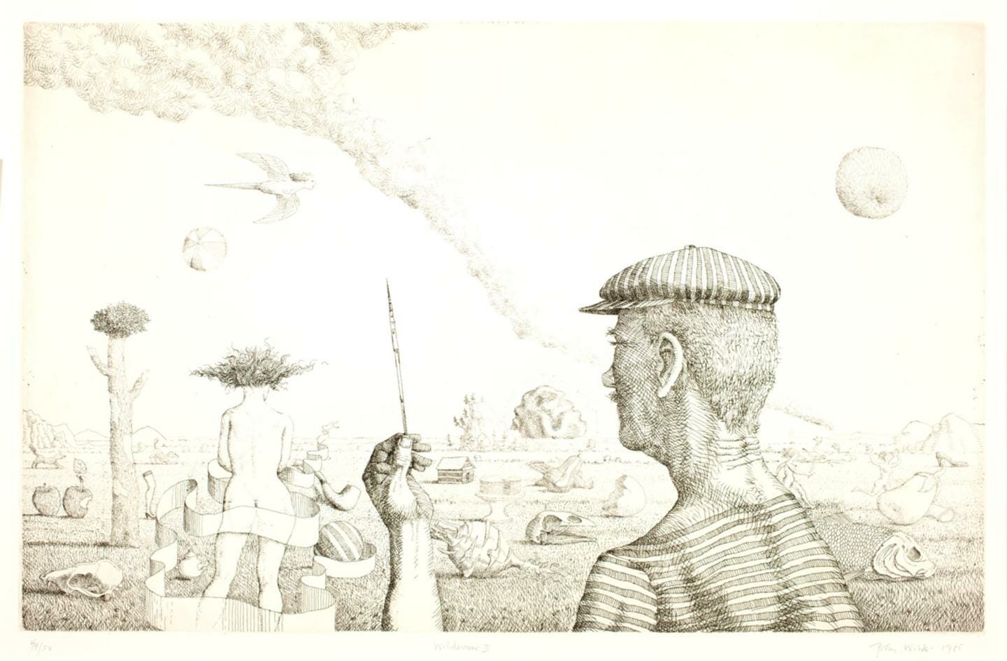 illustration print of the artist overlooking landscapes populated by recurring symbols of his