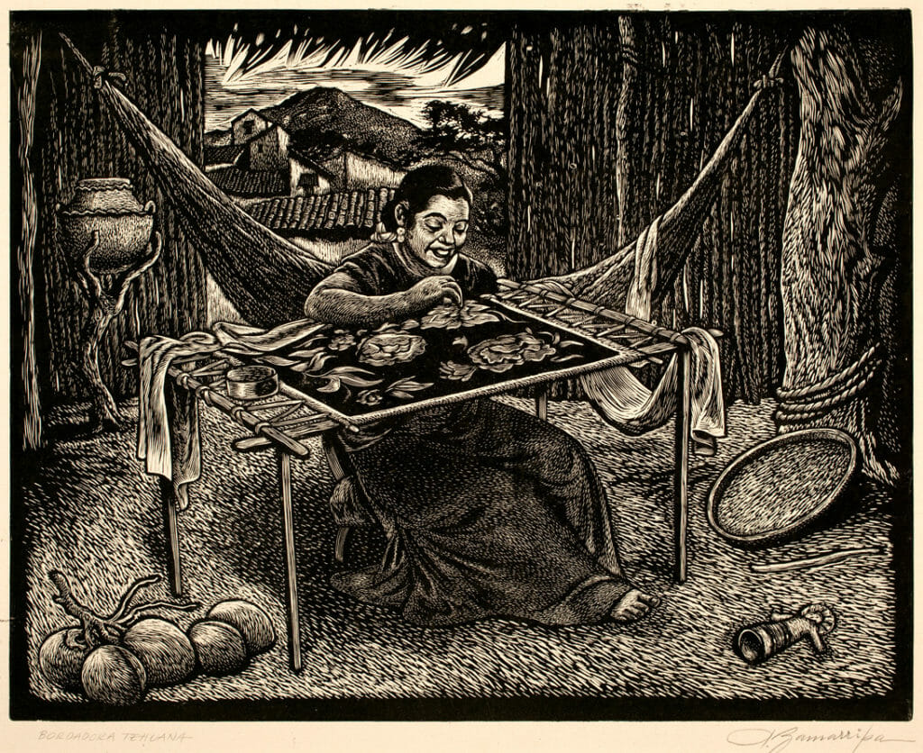 Bordadora tehuana / Tehuana Embroiderer. Artist: Ángel Zamarripa. Date: sin fecha / undated. Medium: grabado en linóleo sobre papel / linocut on paper.