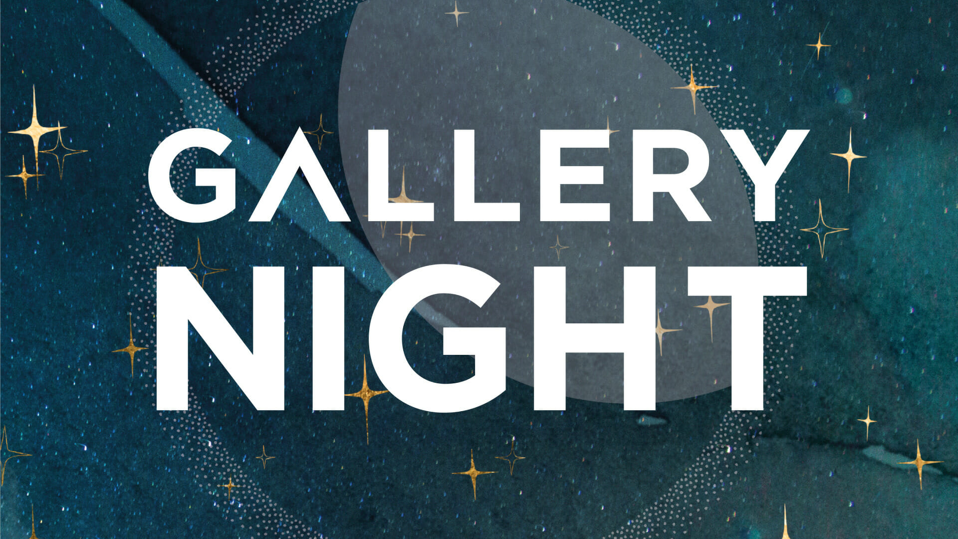 graphic illustration of a moon surrounded by stars with the Gallery Night logo