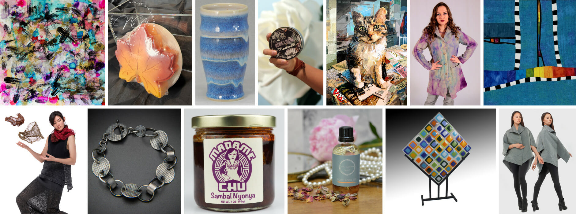 Collage of 14 photos displaying a variety of handmade products, from left to right, top to bottom: an abstract 2D mixed-media piece, a handmade soap bar shaped like a fall leaf, a ceramic vase, a gem ring, a decorated tin container, a mixed media piece of a cat, a handmade coat, a textile piece, another knit dress or tunic top, an abstract necklace made of metal, a jar of Sambal Nyonya, a body oil, a glass grid-like abstract wall piece, and a modal wearing a wool cardigan top.