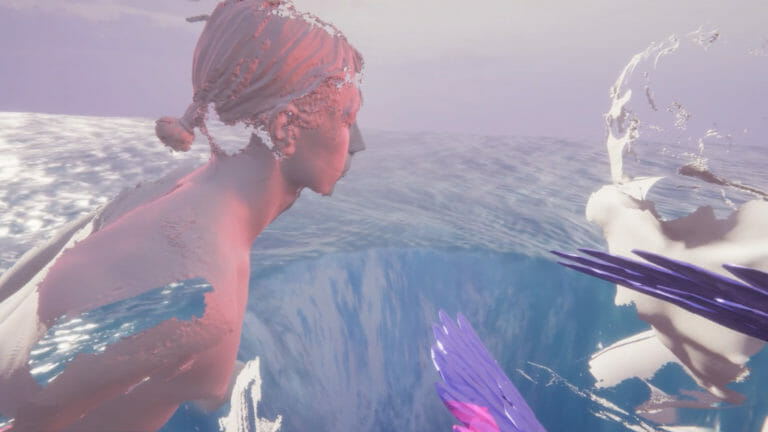 Glitchy still from Ava Wanbli's video game Setraline Dolls featuring a 3D rendering of a person floating over an ocean with a large hole in the middle. A pair of wings can be seen in the corner of the still. The main figure appears to be looking at another figure, but that figure appears to be fading away.