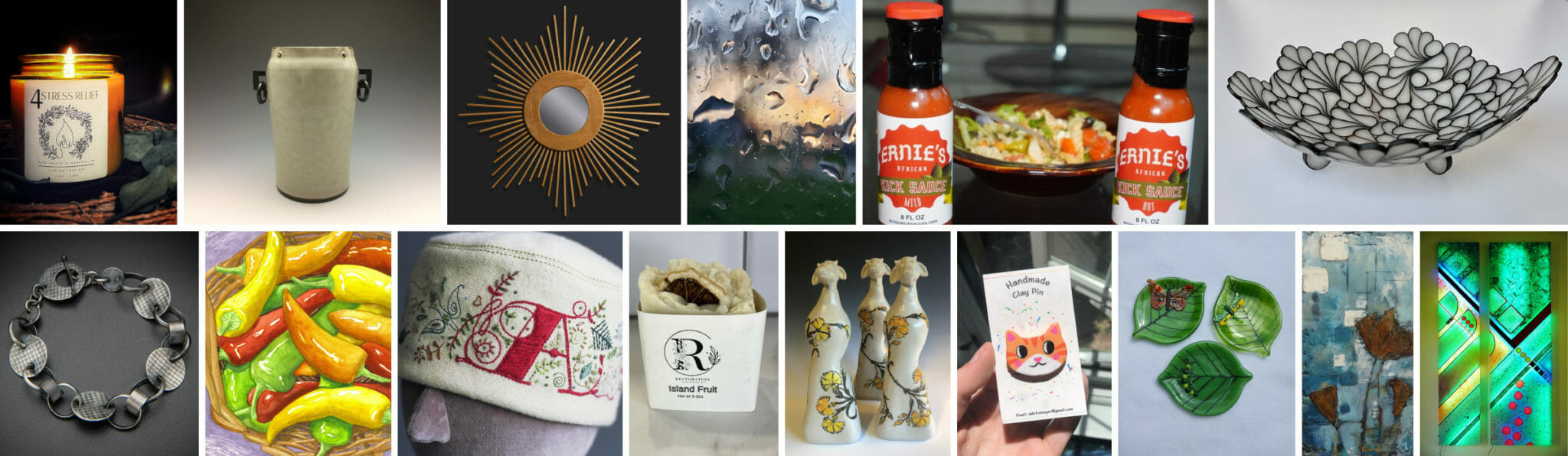 Collage of 15 photos displaying a variety of handmade products available Art & Gift Fair: Weekends at MMoCA, including artwork, wearables, and specialty food items. 