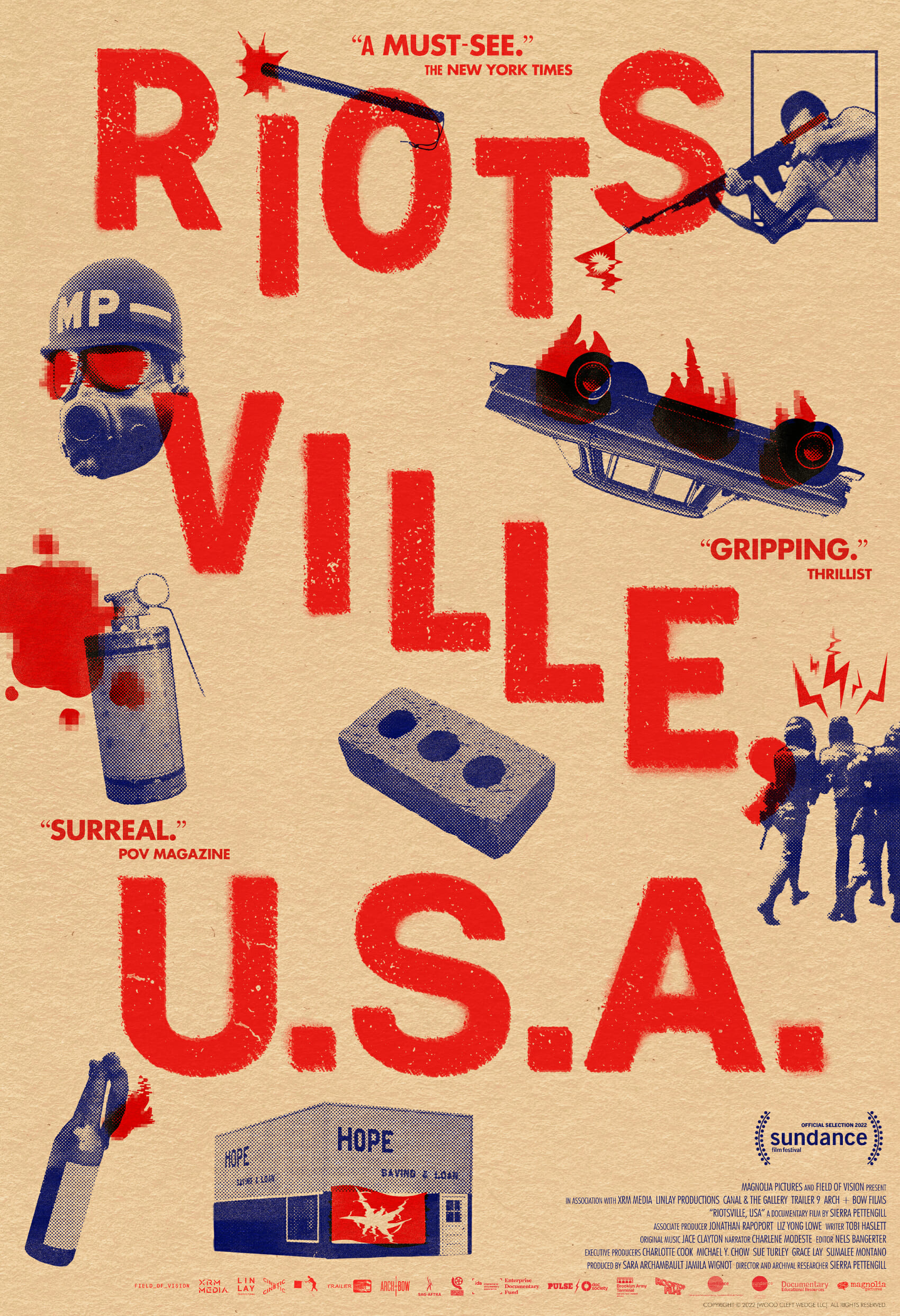 film poster for Riotsville, USA with imagery of weapons, a car on fire, and soldiers