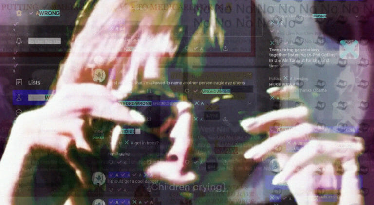 film still from Stand By for Failure: A Negativland Documentary, showing a person with sunglasses and internet browser screens