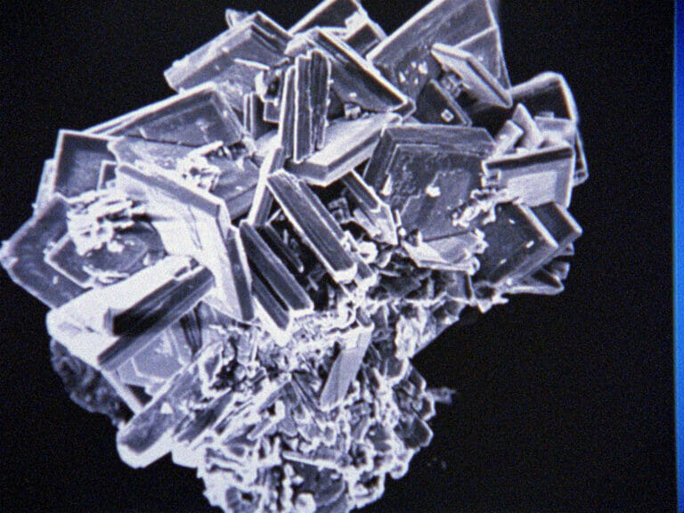 A crystalline structure against a black backdrop