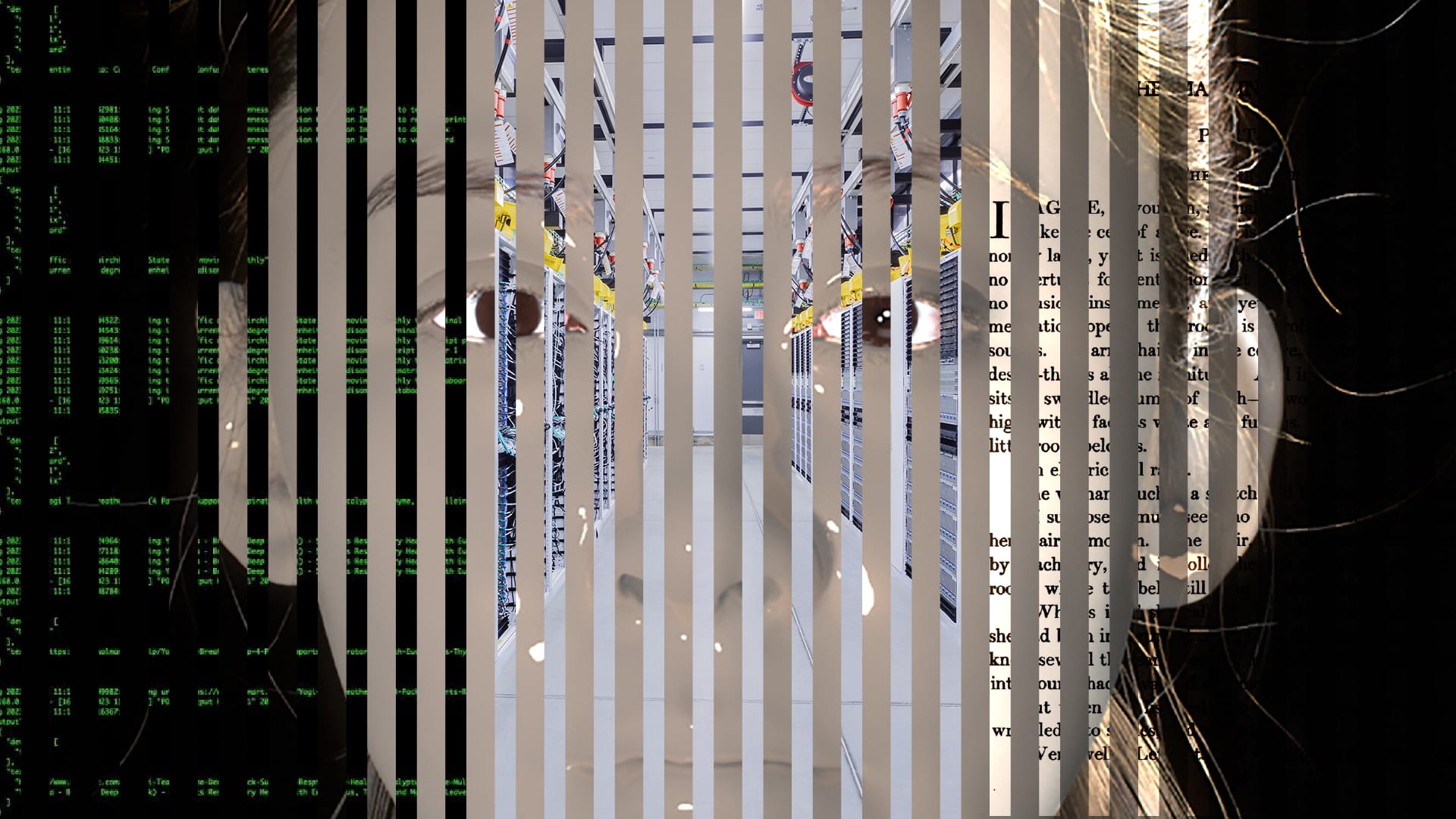 A digital avatar interspliced with images of computer code, a series of servers in a grey hallway, and book pages