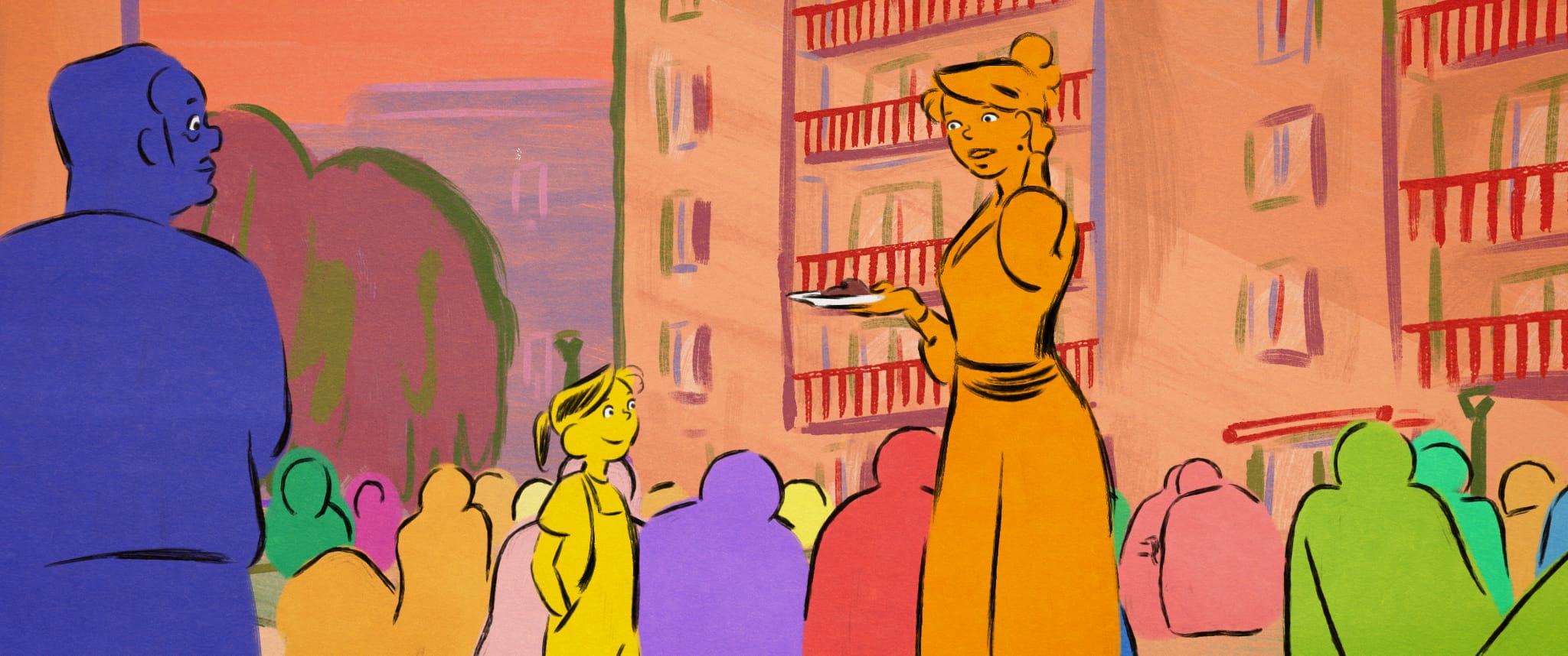 An animated still image showing a woman holding a plate in a crowd.