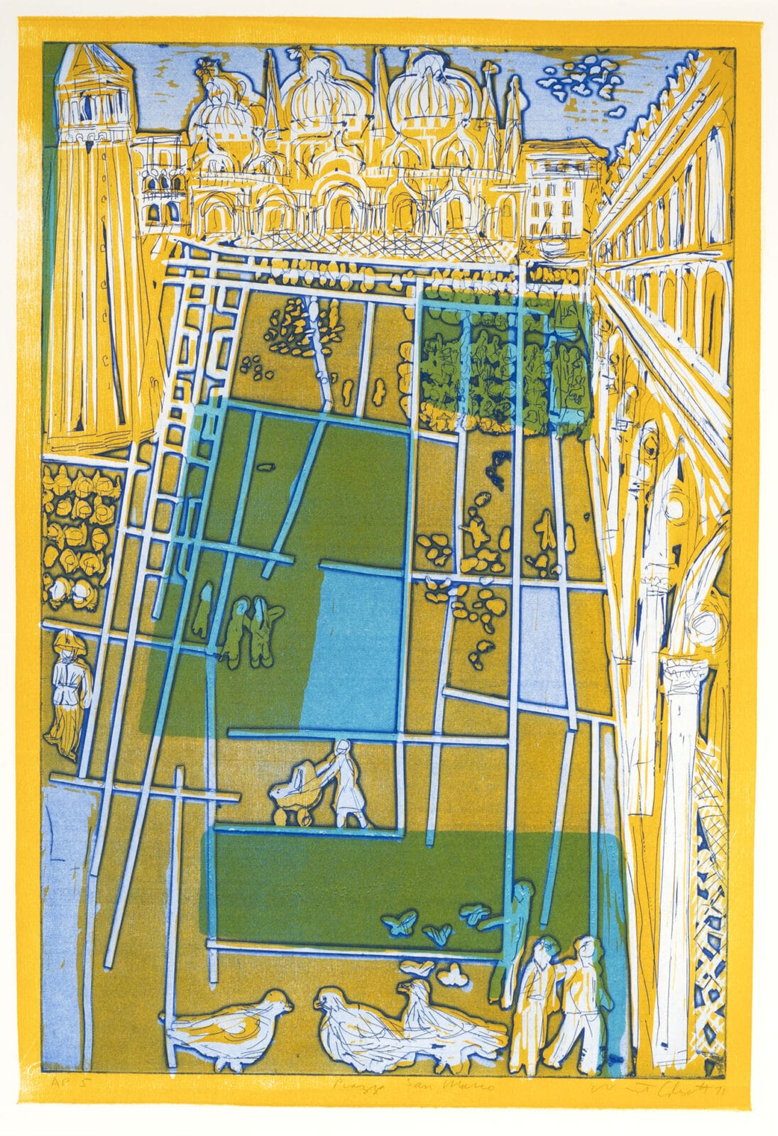 Death in Venice: Piazza San Marco. Artist: Warrington Colescott. Date: 1971. Medium: woodcut and hard-ground etching with relief rolls through stencils.