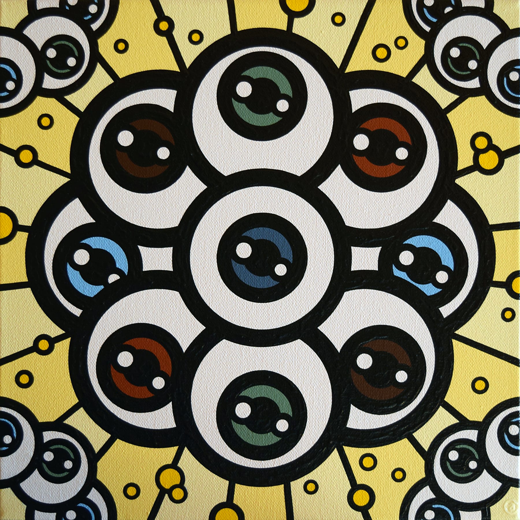 Numerous eyeballs grouped together to in the center and corners of this piece with gold surrounding them.