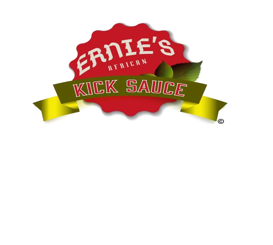 A bright, red and gold logo reading "Ernie's African Kick Sauce"