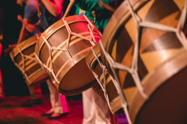 Three drums close to the camera.