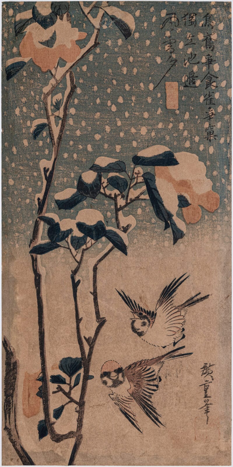 Sparrows and Camellia in a Snowstorm. Artist: Utagawa Hiroshige. Medium: woodblock.