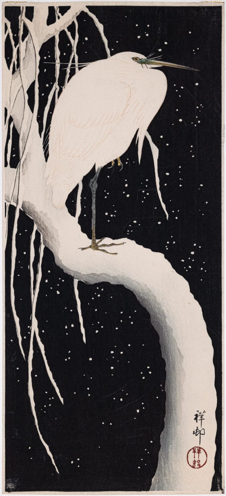 Egret on Snow-Covered Branch. Artist: Ohara Koson. Medium: woodblock.