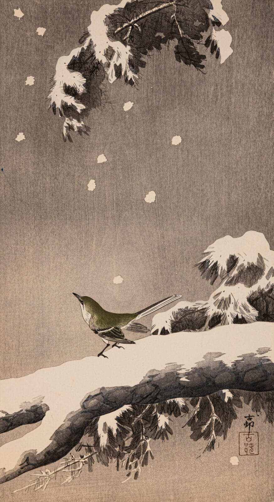 Wagtail on a Snowy Bough. Artist: Ohara Koson. Medium: woodblock.