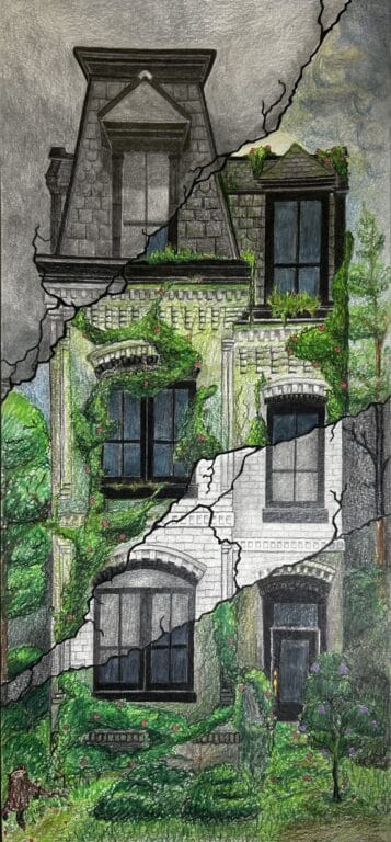 Delaina N., "Cracks of Time", 2024, colored pencils, and pencil, 7.5” by 16.5”.