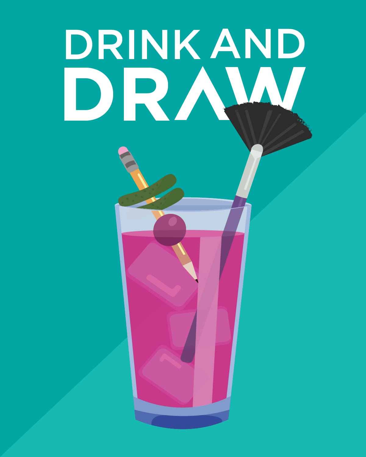 A pink drink in a glass garnished with pickles and drawing supplies. Drink and Draw is written above them.