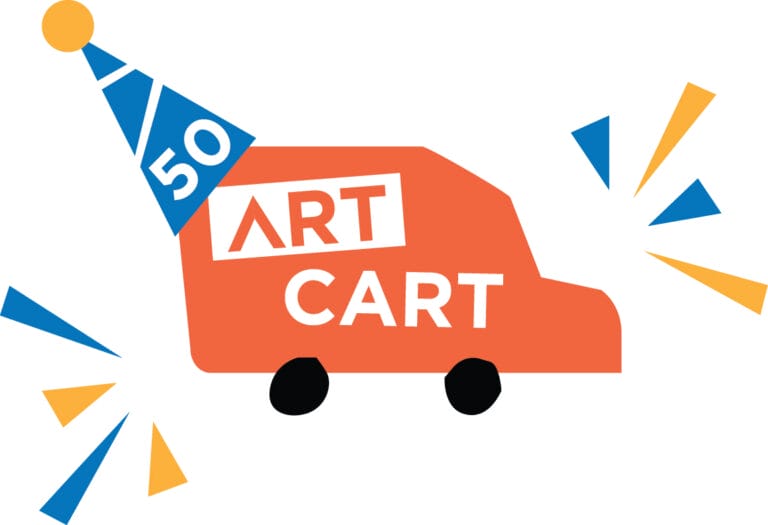 An illustration of an orange car with Art Cart written on it with a birthday hat.